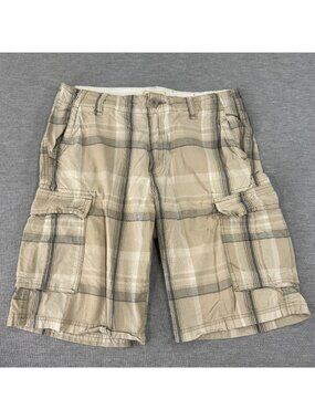 Ruff Hewn Cargo Shorts Mens 33 Khaki Plaid Multi Pocket Cotton Mid Rise Casual